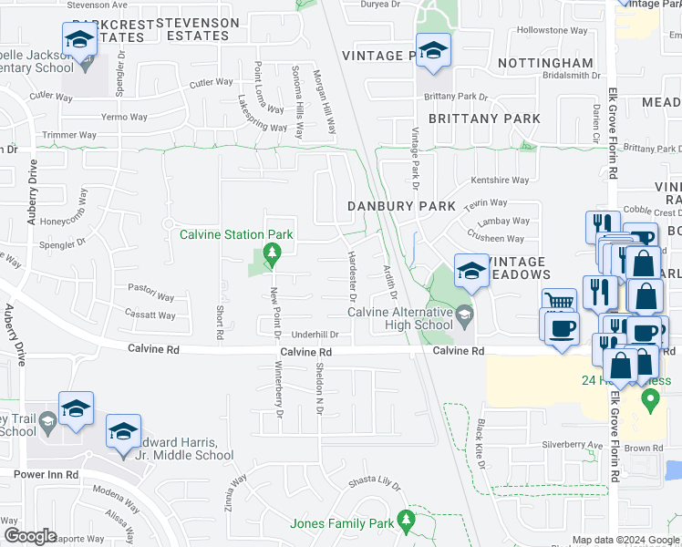 map of restaurants, bars, coffee shops, grocery stores, and more near 8641 Everidge Court in Sacramento