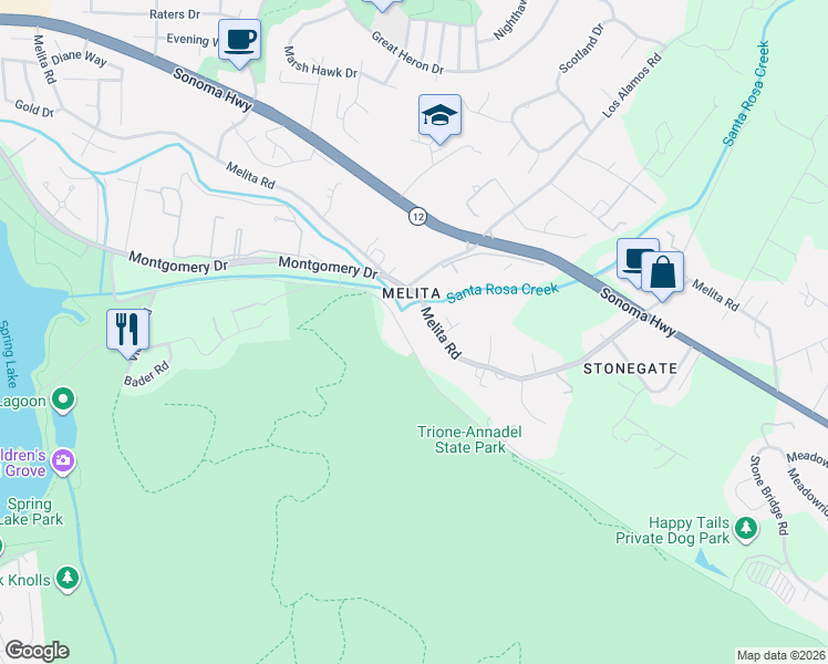map of restaurants, bars, coffee shops, grocery stores, and more near 5910 Channel Drive in Santa Rosa