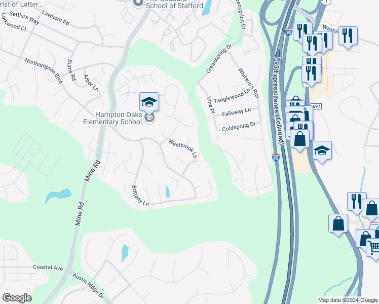 map of restaurants, bars, coffee shops, grocery stores, and more near 16 Westbrook Lane in Stafford