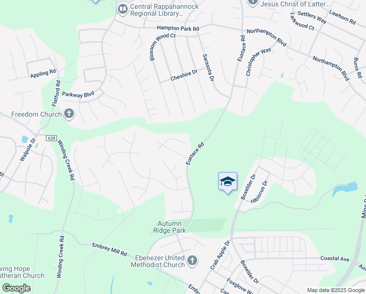 map of restaurants, bars, coffee shops, grocery stores, and more near 21 Blue Spruce Circle in Stafford