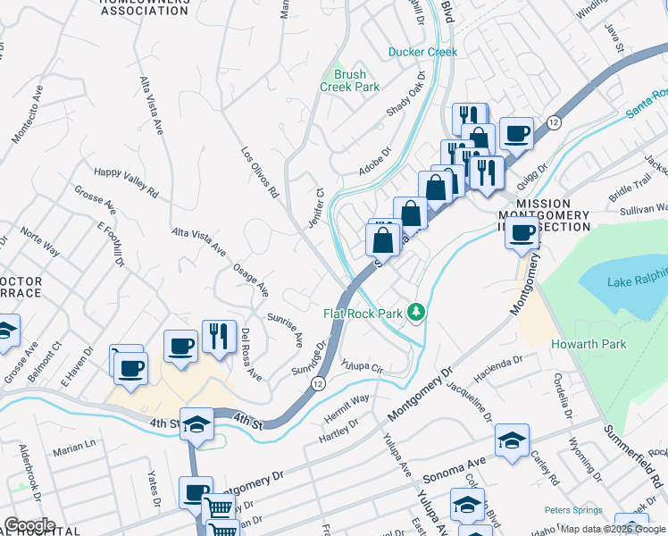 map of restaurants, bars, coffee shops, grocery stores, and more near 101 Massimo Circle in Santa Rosa