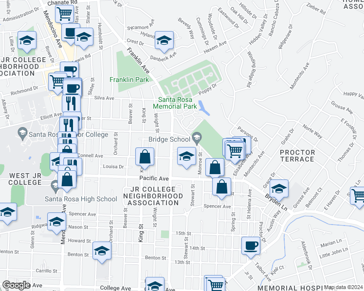 map of restaurants, bars, coffee shops, grocery stores, and more near 1576 North Street in Santa Rosa