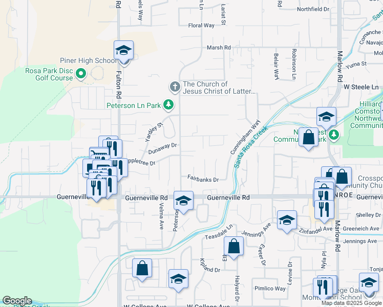map of restaurants, bars, coffee shops, grocery stores, and more near 2367 Laylani Court in Santa Rosa
