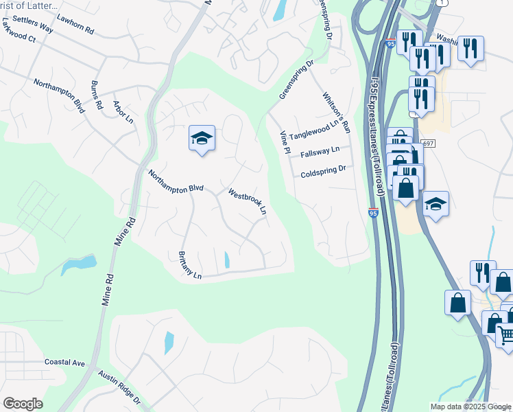 map of restaurants, bars, coffee shops, grocery stores, and more near 16 Westbrook Lane in Stafford