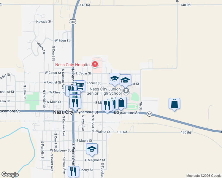 map of restaurants, bars, coffee shops, grocery stores, and more near 500 East Chestnut Street in Ness City