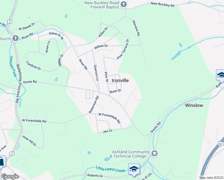 map of restaurants, bars, coffee shops, grocery stores, and more near 101 Brett Street in Ashland