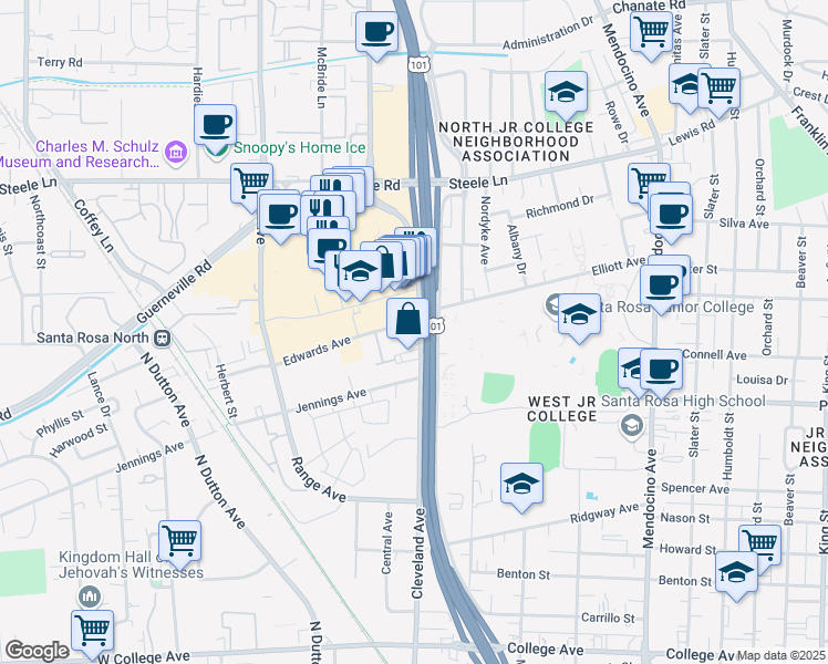 map of restaurants, bars, coffee shops, grocery stores, and more near 1955 Cleveland Avenue in Santa Rosa