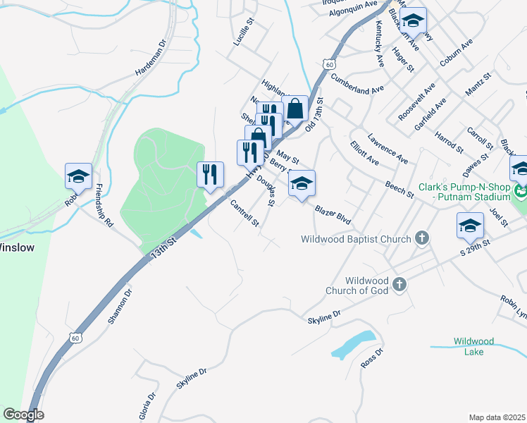 map of restaurants, bars, coffee shops, grocery stores, and more near 3433 Douglas Street in Ashland