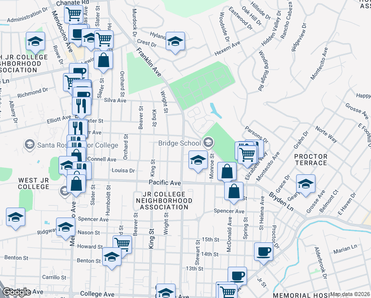 map of restaurants, bars, coffee shops, grocery stores, and more near 1570 North Street in Santa Rosa