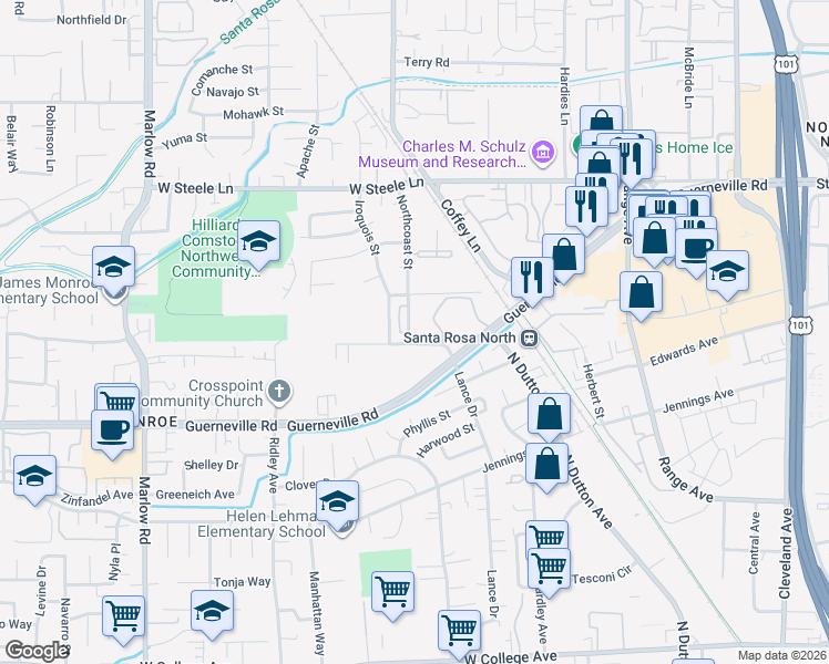map of restaurants, bars, coffee shops, grocery stores, and more near 2722 Westberry Drive in Santa Rosa