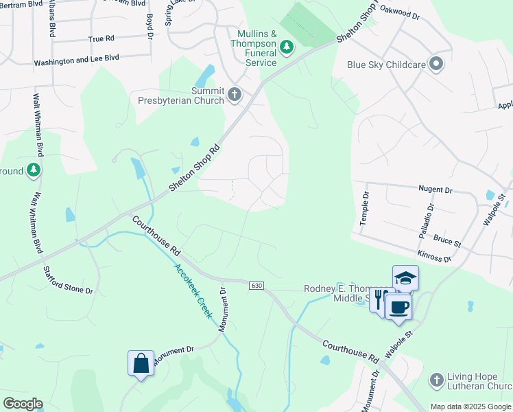 map of restaurants, bars, coffee shops, grocery stores, and more near Hollycrest Place in Stafford County