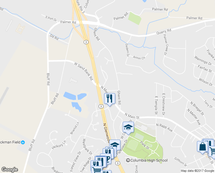 map of restaurants, bars, coffee shops, grocery stores, and more near 1550 North Main Street in Columbia