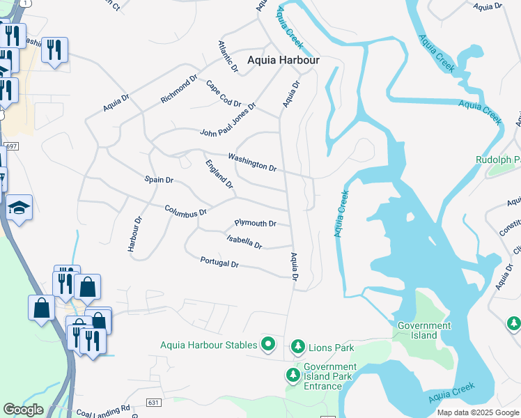 map of restaurants, bars, coffee shops, grocery stores, and more near 1137 Columbus Drive in Stafford