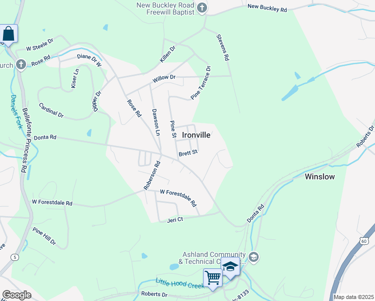 map of restaurants, bars, coffee shops, grocery stores, and more near 101-199 Brett Street in Ashland