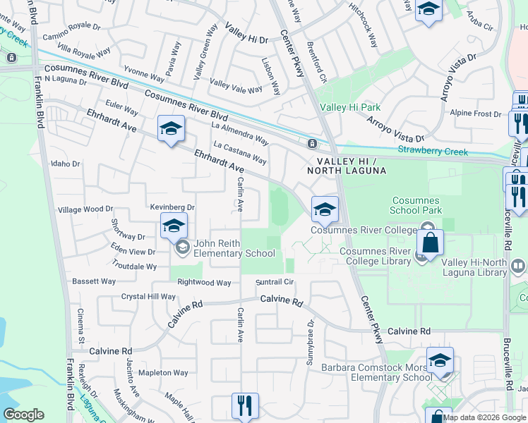 map of restaurants, bars, coffee shops, grocery stores, and more near 51 Del Vista Circle in Sacramento