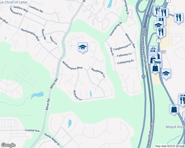 map of restaurants, bars, coffee shops, grocery stores, and more near 14 Hampshire Court in Stafford
