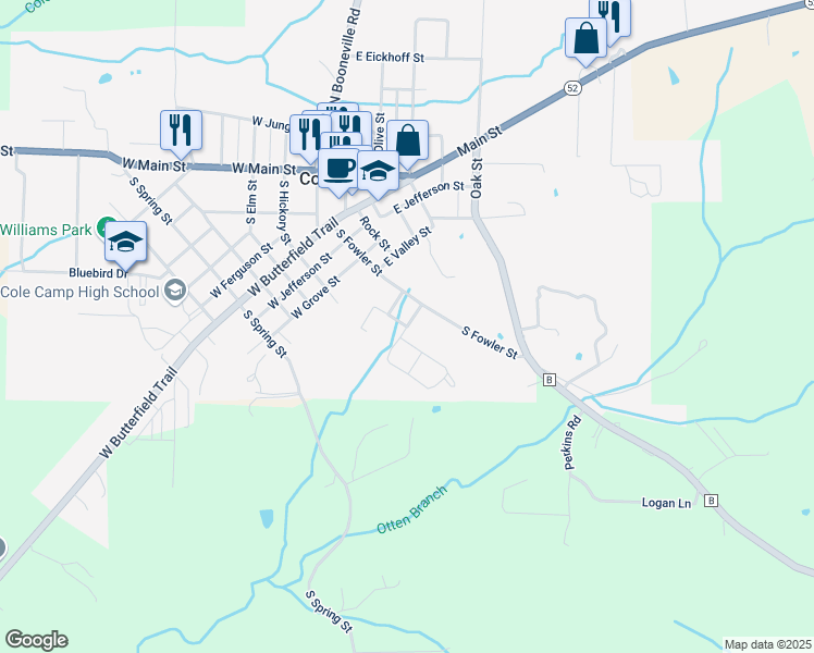 map of restaurants, bars, coffee shops, grocery stores, and more near 103 West Dehoney Lane in Cole Camp