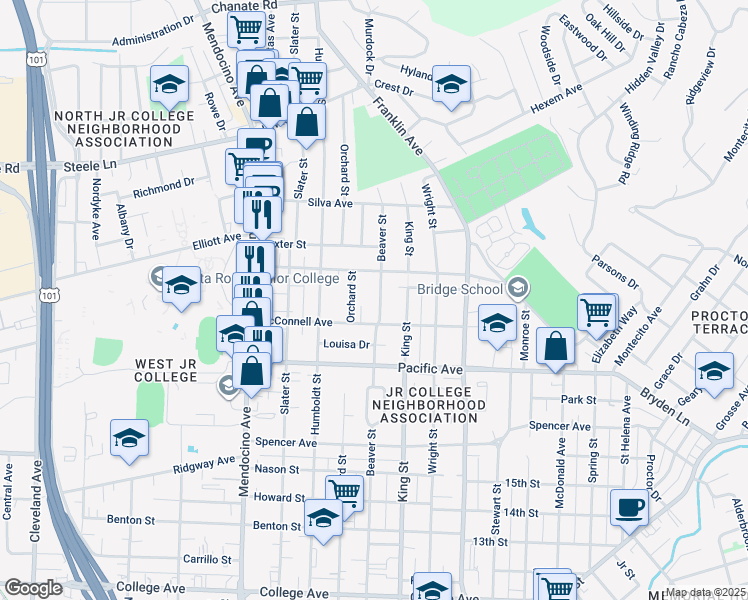 map of restaurants, bars, coffee shops, grocery stores, and more near 1527 Beaver Street in Santa Rosa