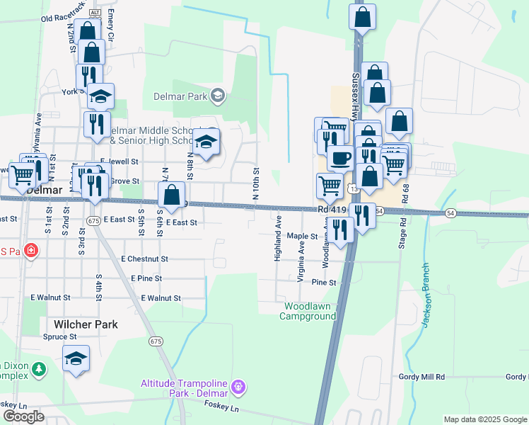 map of restaurants, bars, coffee shops, grocery stores, and more near 1001 East State Street in Delmar