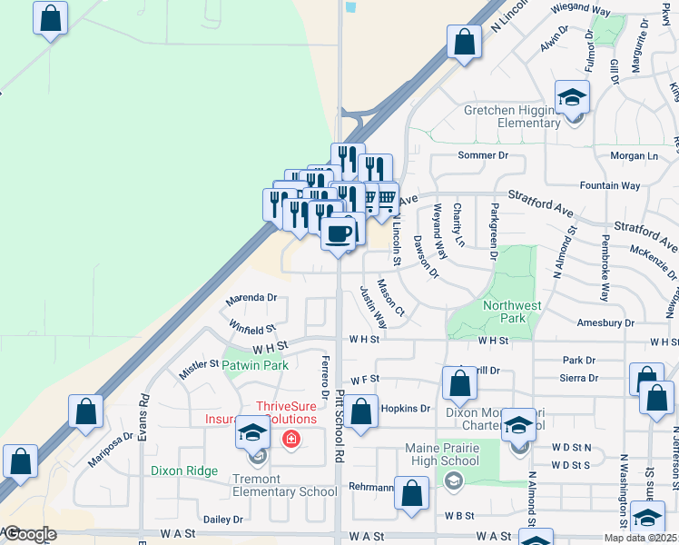map of restaurants, bars, coffee shops, grocery stores, and more near Pitt School Rd & Watson Ranch Way in Dixon