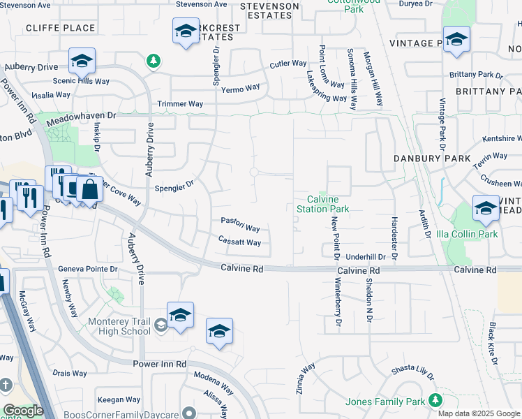 map of restaurants, bars, coffee shops, grocery stores, and more near 8325 Rural Estates Lane in Sacramento