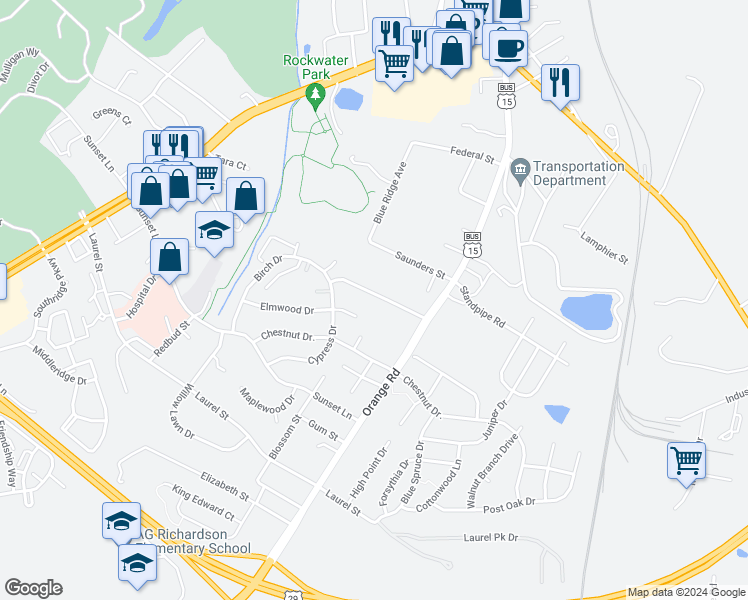 map of restaurants, bars, coffee shops, grocery stores, and more near 145 Aberdeen Drive in Culpeper