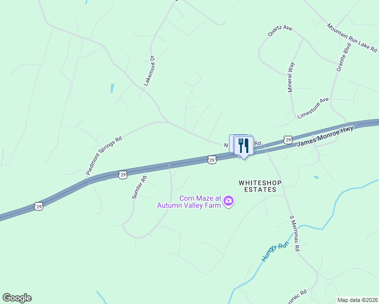 map of restaurants, bars, coffee shops, grocery stores, and more near 18084 North Merrimac Road in Culpeper