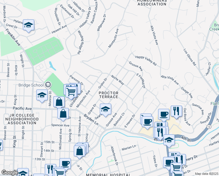 map of restaurants, bars, coffee shops, grocery stores, and more near 2200 Grace Dr in Santa Rosa
