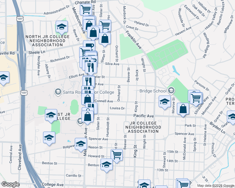 map of restaurants, bars, coffee shops, grocery stores, and more near 1577 Orchard Street in Santa Rosa
