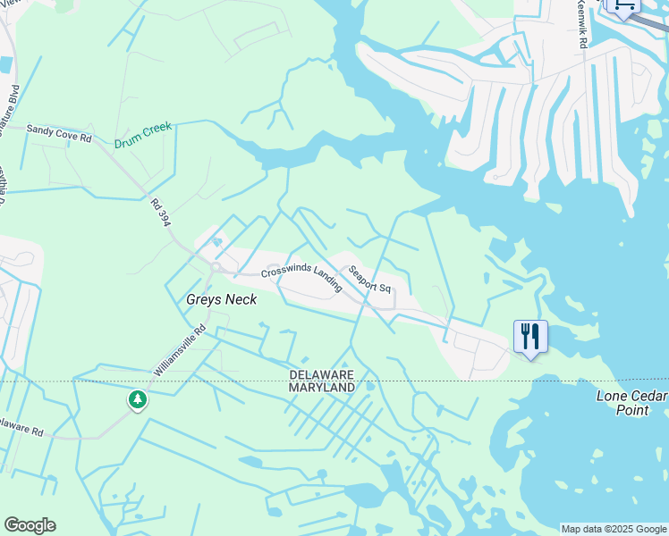 map of restaurants, bars, coffee shops, grocery stores, and more near 22019 Seaport Square in Selbyville