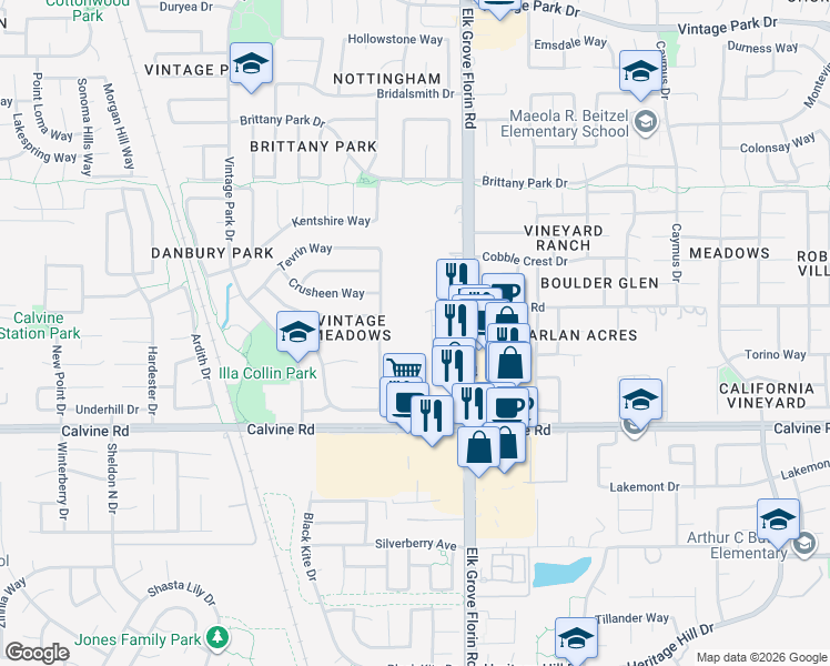 map of restaurants, bars, coffee shops, grocery stores, and more near 8340 Elk Grove Florin Road in Sacramento