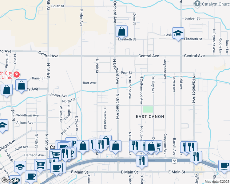 map of restaurants, bars, coffee shops, grocery stores, and more near 537 North Orchard Avenue in Cañon City