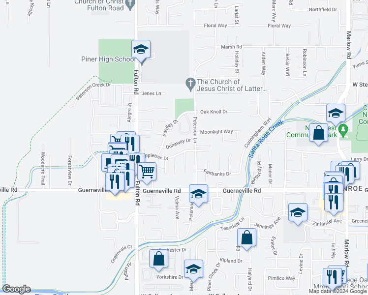 map of restaurants, bars, coffee shops, grocery stores, and more near 2413 Appletree Drive in Santa Rosa