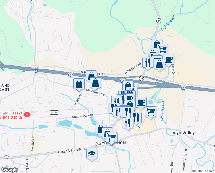 map of restaurants, bars, coffee shops, grocery stores, and more near 136 Mount Vernon Lane in Hurricane