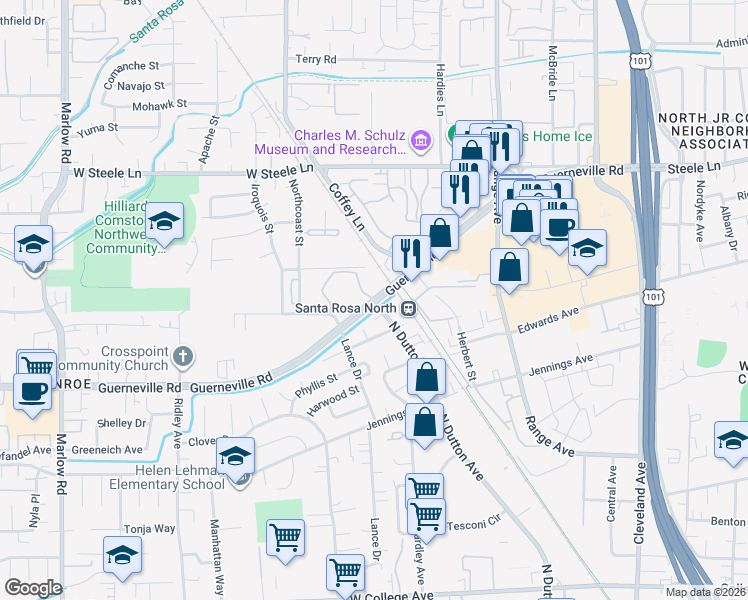 map of restaurants, bars, coffee shops, grocery stores, and more near Guerneville Road & Westberry Drive in Santa Rosa
