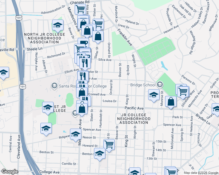 map of restaurants, bars, coffee shops, grocery stores, and more near 1577 Orchard Street in Santa Rosa