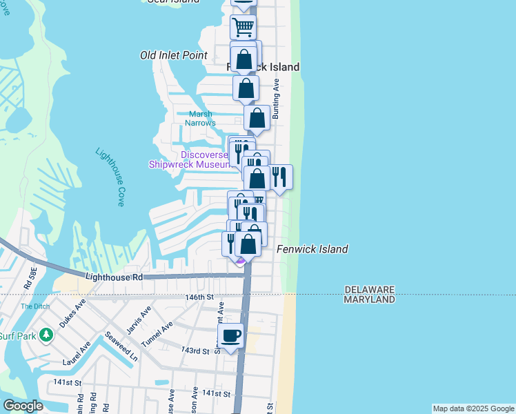 map of restaurants, bars, coffee shops, grocery stores, and more near 40145 West South Carolina Avenue in Fenwick Island
