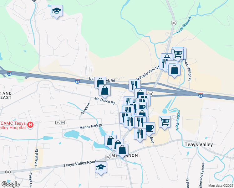 map of restaurants, bars, coffee shops, grocery stores, and more near 136 Mount Vernon Lane in Hurricane