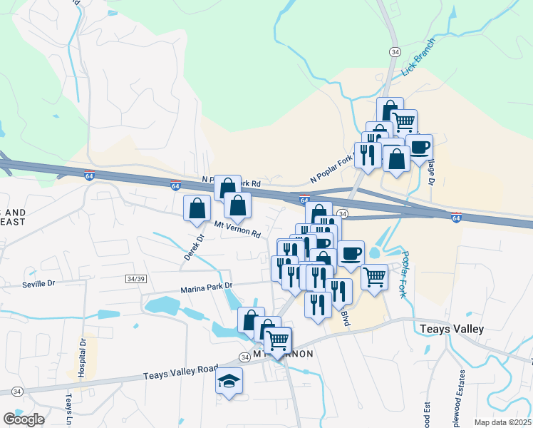 map of restaurants, bars, coffee shops, grocery stores, and more near 136 Mount Vernon Lane in Hurricane