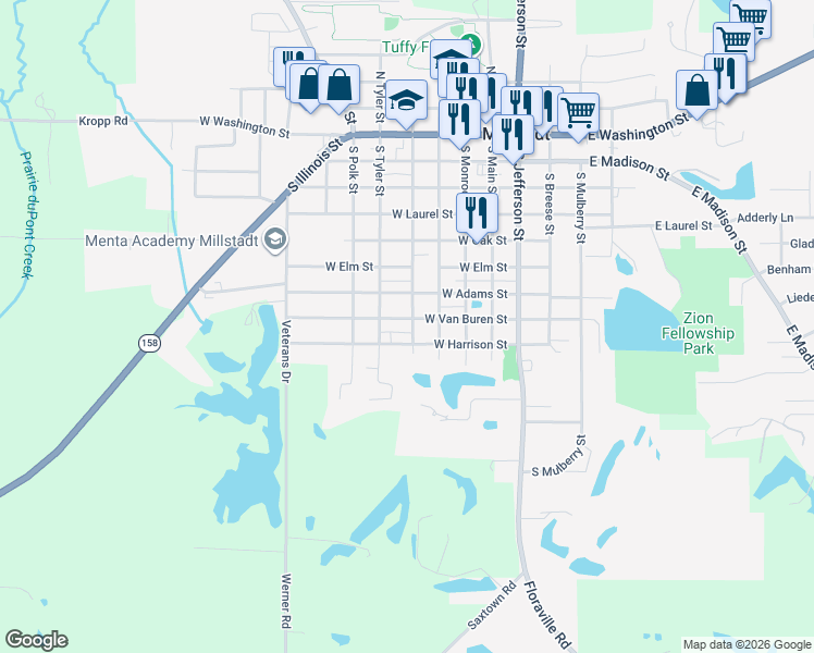 map of restaurants, bars, coffee shops, grocery stores, and more near 701 South Lafayette Street in Millstadt