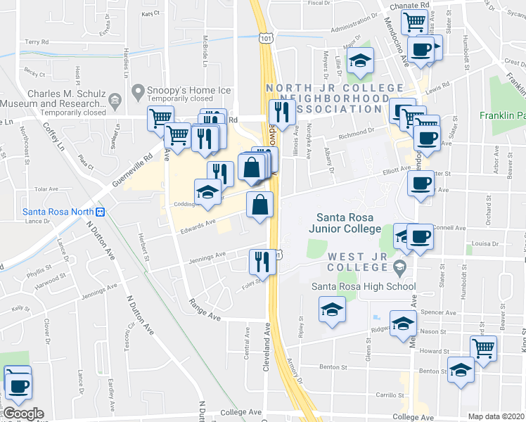 map of restaurants, bars, coffee shops, grocery stores, and more near 1955 Cleveland Avenue in Santa Rosa