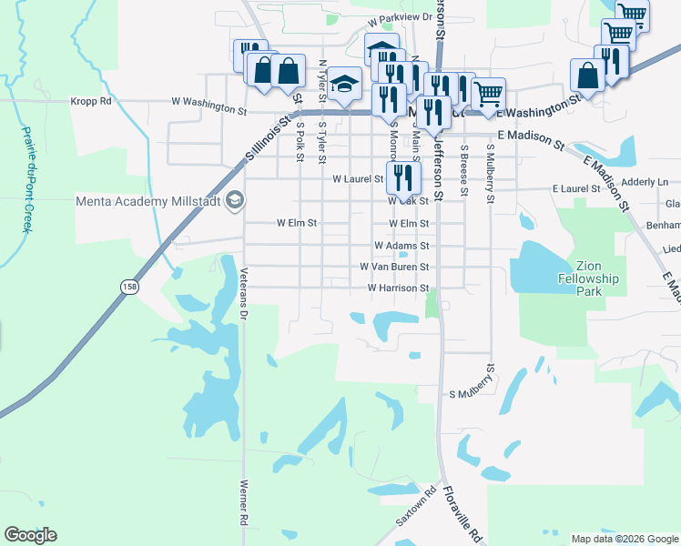 map of restaurants, bars, coffee shops, grocery stores, and more near 701 South Lafayette Street in Millstadt