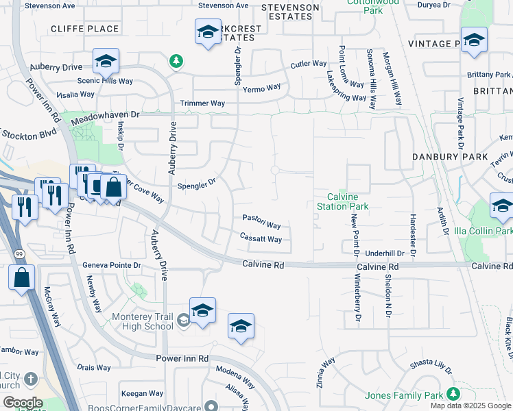 map of restaurants, bars, coffee shops, grocery stores, and more near 8424 Baretta Court in Sacramento
