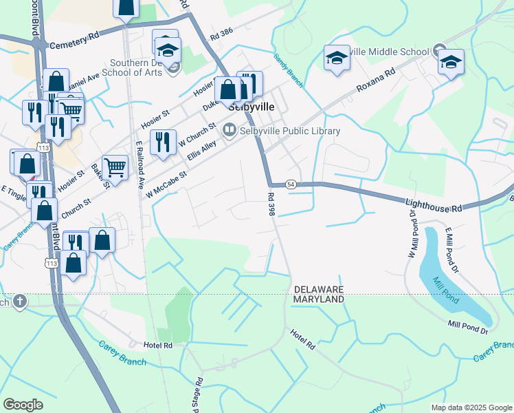 map of restaurants, bars, coffee shops, grocery stores, and more near 6 Rocking Horse Drive in Selbyville