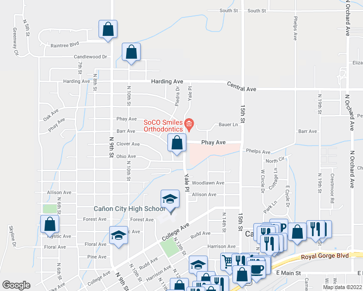 map of restaurants, bars, coffee shops, grocery stores, and more near 555 Yale Place in Cañon City