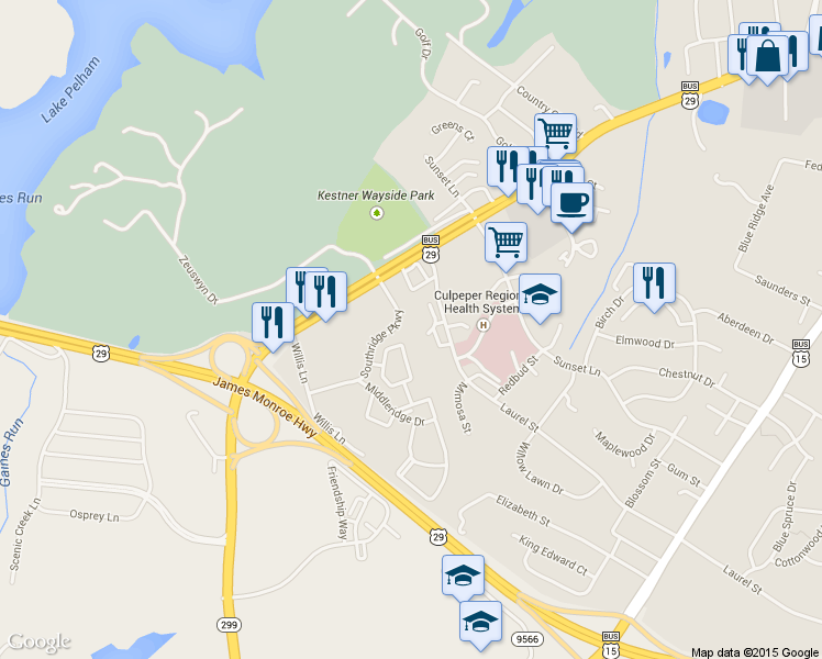 map of restaurants, bars, coffee shops, grocery stores, and more near 747 Madison Road in Culpeper