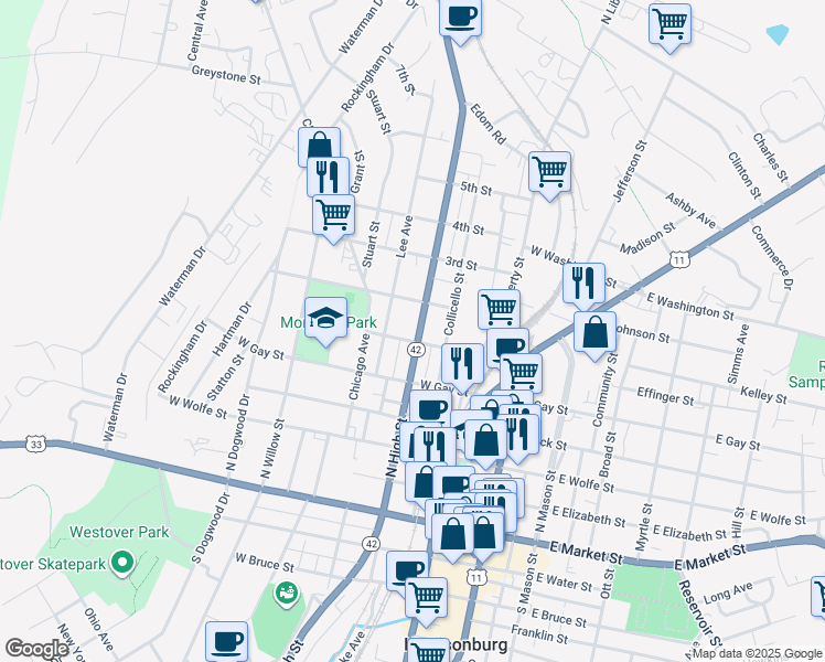 map of restaurants, bars, coffee shops, grocery stores, and more near 511 Virginia Avenue in Harrisonburg