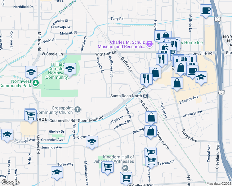 map of restaurants, bars, coffee shops, grocery stores, and more near 2718 Westberry Drive in Santa Rosa