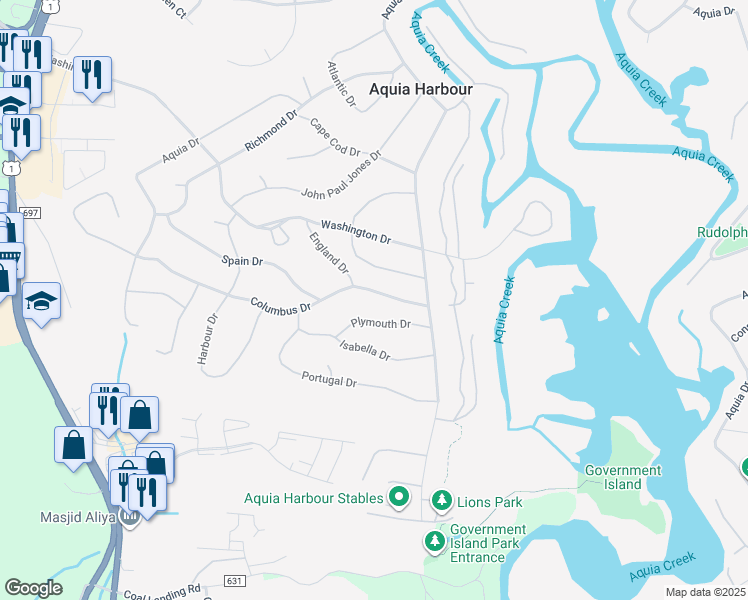 map of restaurants, bars, coffee shops, grocery stores, and more near 1133 Columbus Drive in Stafford