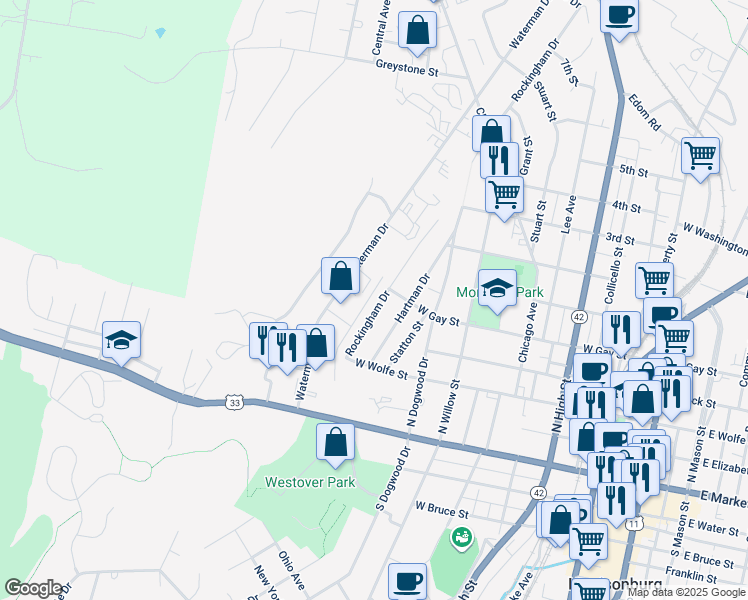 map of restaurants, bars, coffee shops, grocery stores, and more near 319 Rockingham Drive in Harrisonburg